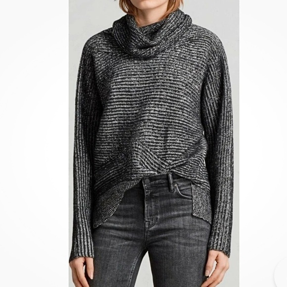 All Saints Sweaters - AllSaints Mesa Roll Neck Turtleneck Sweater Womens S Gray Chunky Rib Knit Wool